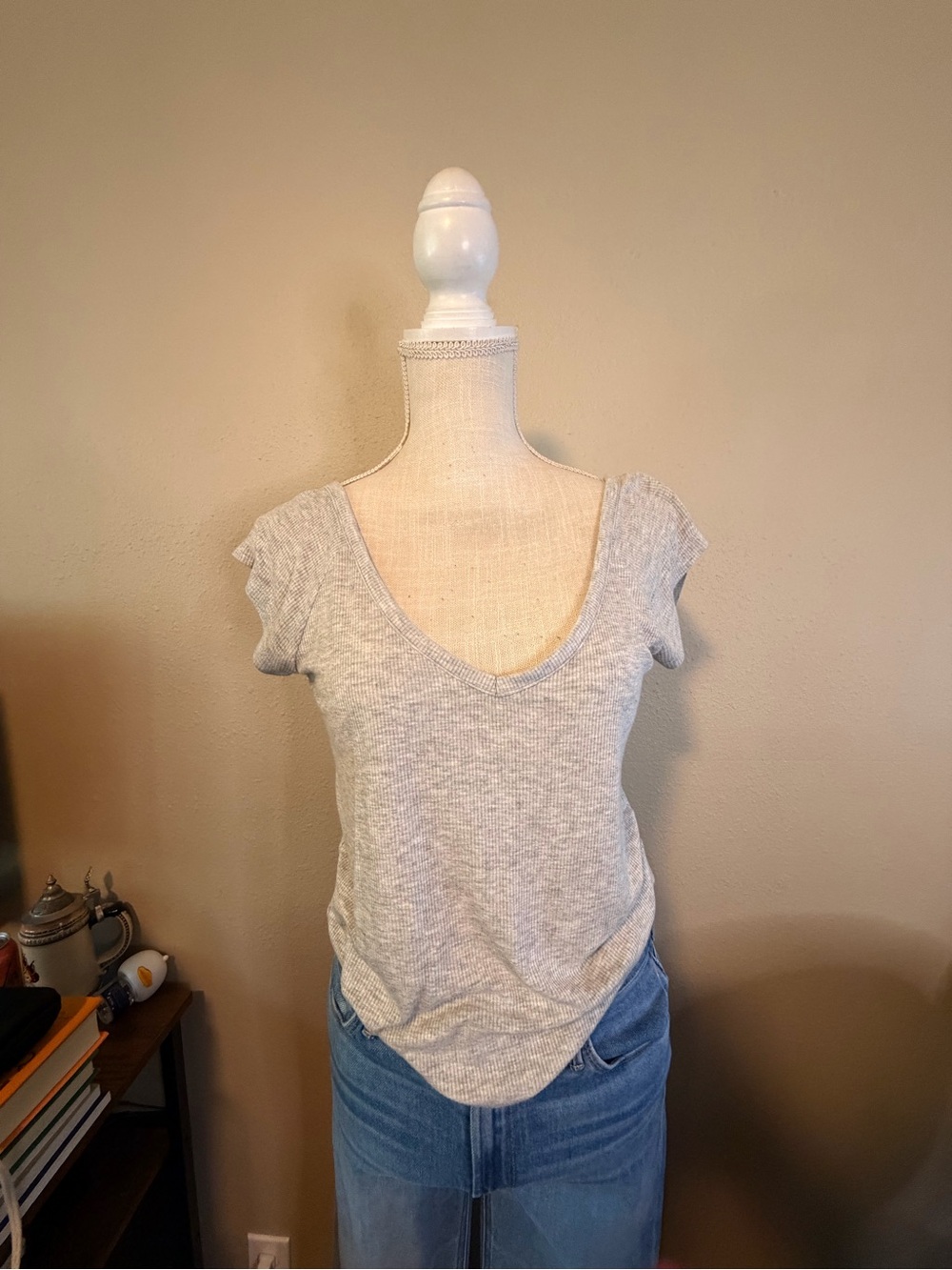 Cotton On Light Gray & Red Stripe Scoop Neck Short Sleeve Tees